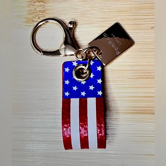 Patriotic American Flag Keychain with Pom Pom London Tag - Picture 1 of 5